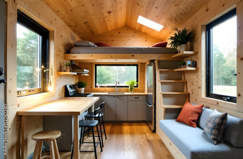 Interior of mini-house, cozy small house 