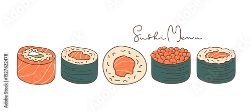 Maki menu. Fresh hosomaki pieces with rice and nori, red fish, caviar. Hand drawn lineart vector illustration, hand written inscription for Label, Poster, logo, menu design. Delicious japanese food