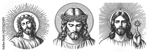 Jesus Christ Set collection bundle sketch engraving generative ai vector illustration. Scratch board imitation. Black and white image.