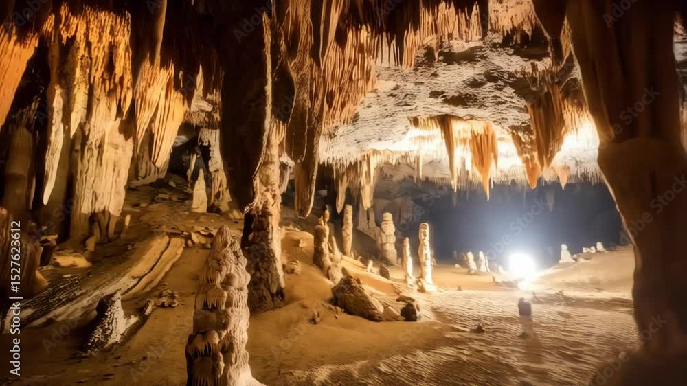 Immense limestone cave with long hanging stalactites and erect ...