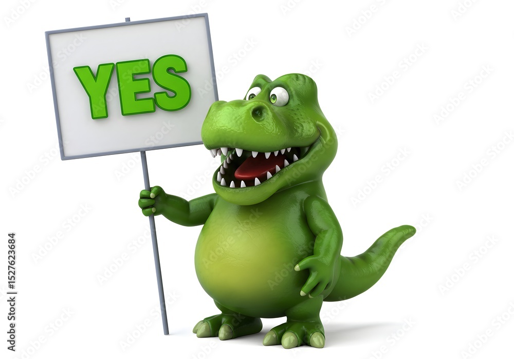 Fototapeta premium Green Dinosaur Holding Yes Sign
