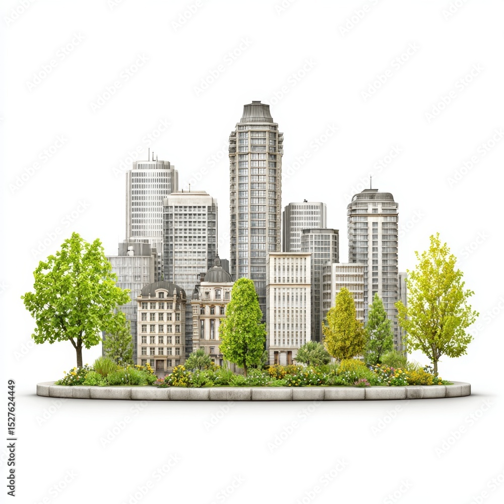 Fototapeta premium A detailed model city with skyscrapers and green trees sits on a platform.