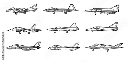 Set Vector Line art Silhouette of Military Aircraft perfect for Laser Cutting or metal art