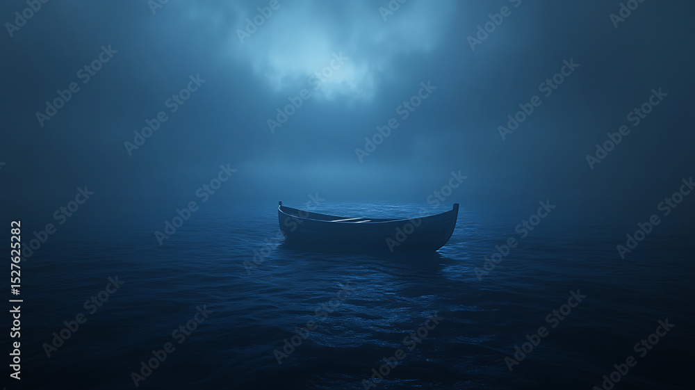 Fototapeta premium A lonely rowboat drifting on dark waters under a mysterious cloudy night