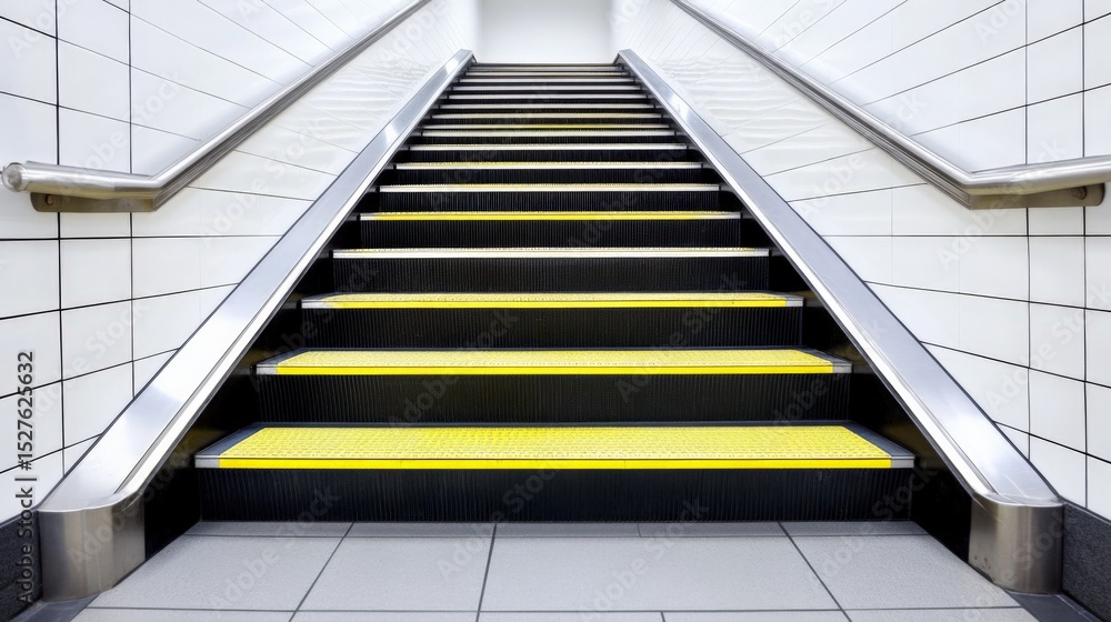 Obraz premium Modern escalator with yellow steps and sleek metal handrails in a contemporary setting