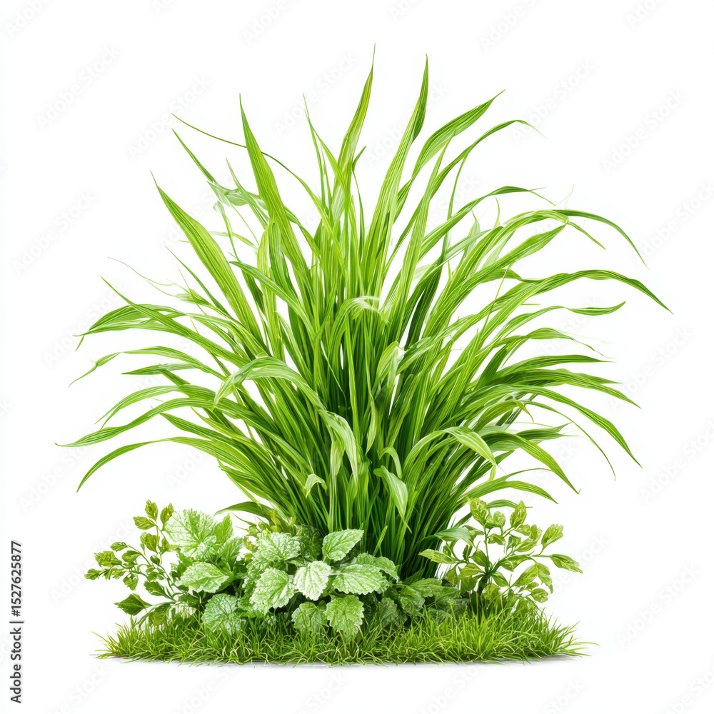 Fototapeta premium A lush clump of vibrant green grass and foliage thrives on a white backdrop.
