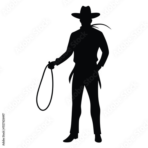 Black Silhouette of a Cowboy with Lasso and Hat Ready to Ride