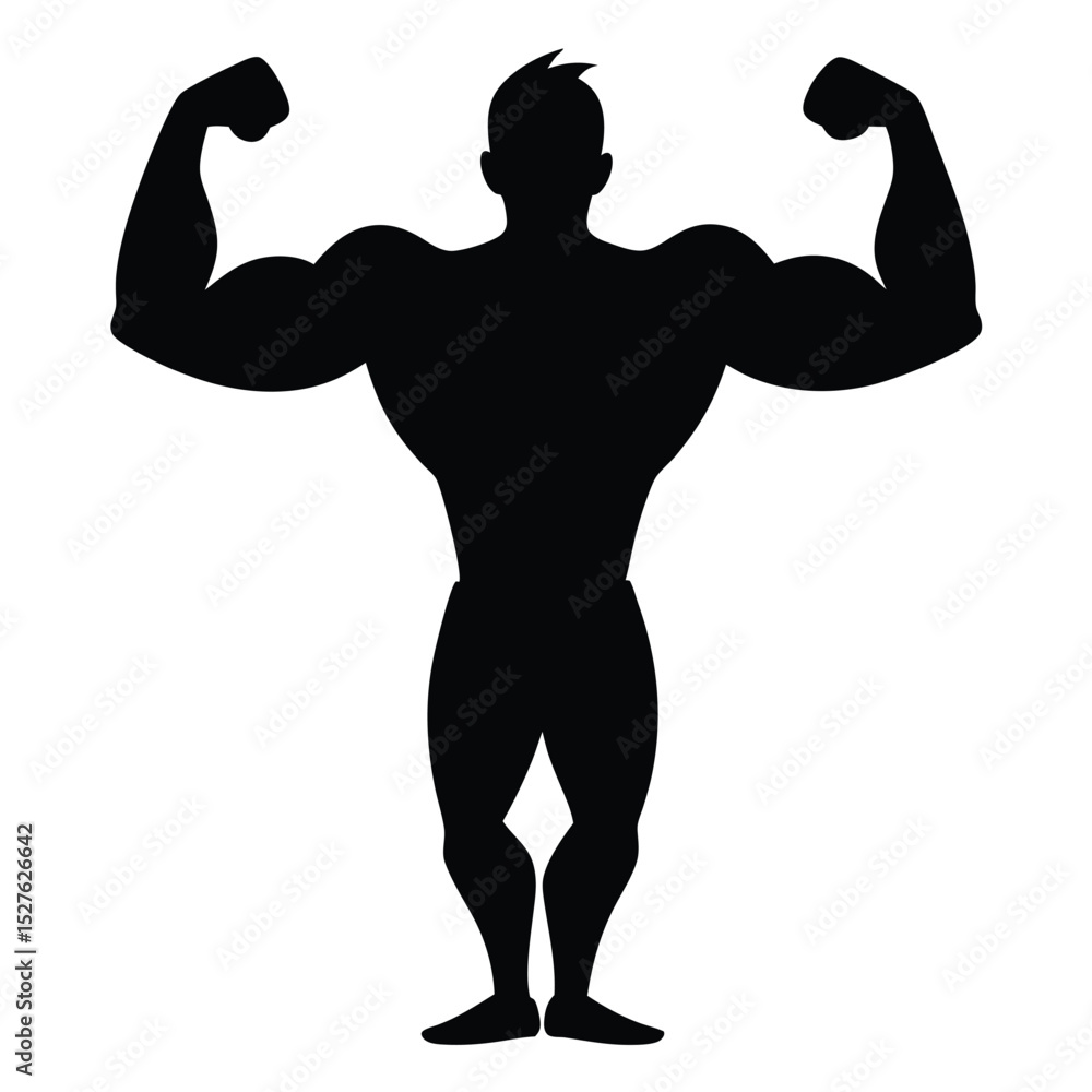 Fototapeta premium Black Silhouette of Muscular Man Flexing Biceps in Strongman Pose Over White