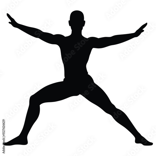Black Silhouette of Man in Warrior II Yoga Pose on White Background