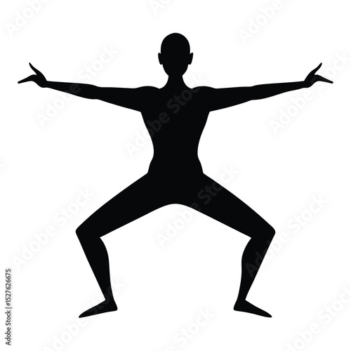Black Silhouette of Person Performing Yoga Warrior Pose, Arms Outstretched Stance