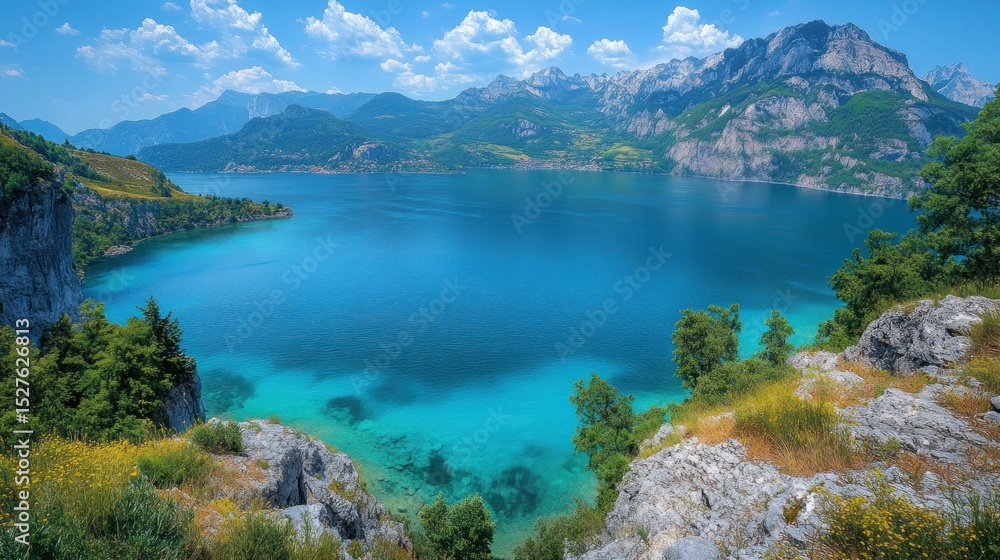 Fototapeta premium Serene alpine lake nestled amongst majestic mountains. Crystal-clear turquoise water meets rocky shoreline. Lush green vegetation frames the tranquil scene