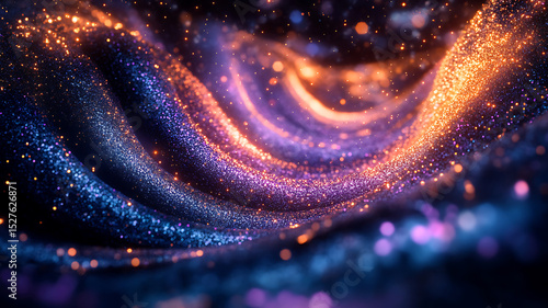 Abstract and swirling cosmic glitter background with radiant orange and purple glowing lights.