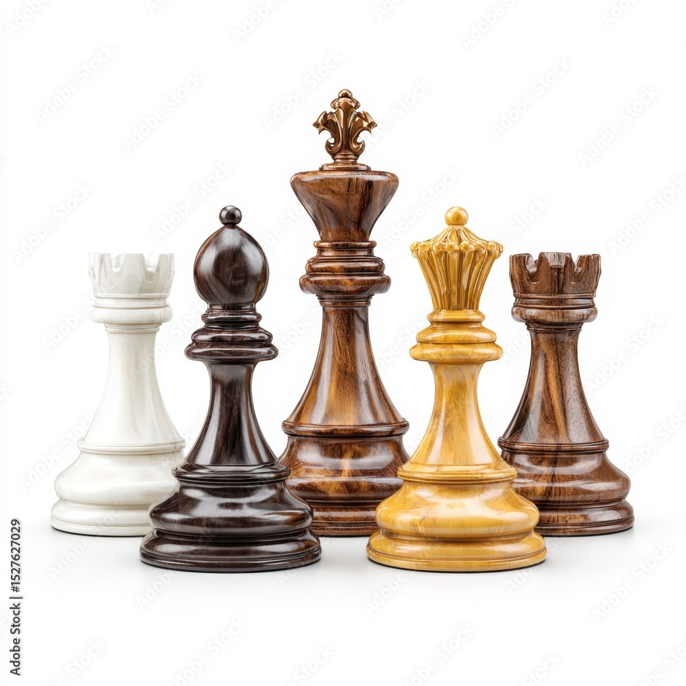 Chess pieces stand together representing strategy on a white backdrop. Chess pieces stand together representing strategy on a white backdrop.