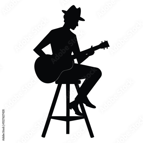Silhouette of a Guitarist in a Hat Sitting on Stool Playing Music