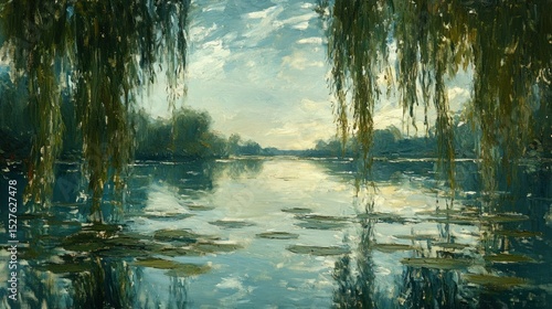 Serene lake landscape with willow trees