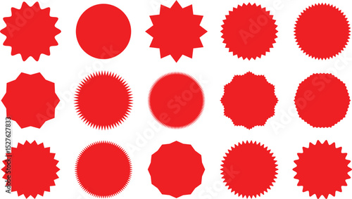 Set of circles with zigzag edges, Sunburst sticker shapes, Rounded starburst zigzag, circle shapes & star shapes offer price tag, discount, sale label, stickers, Star or sunburst silhouettes vector.