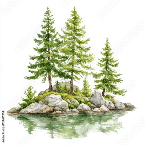 Watercolor painting shows evergreen trees on rocks with water reflection.