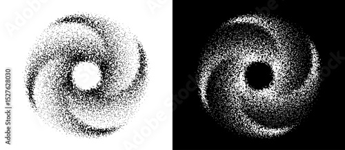 Abstract art background with dotted circle. Stipple effect with chaotic noise in spiral. Black shape on a white background and the same white shape on the black side.