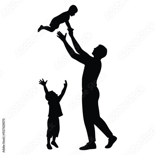 Silhouette of Father Tossing Baby and Child Reaching Upwards, Family Fun