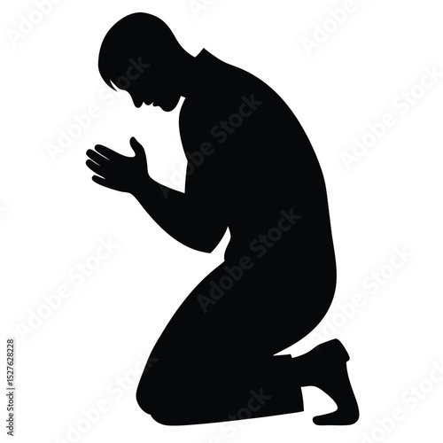 Silhouette of Man Kneeling with Hands Clasped in Supplication or Prayer