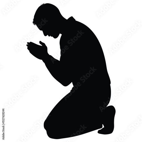 Silhouette of Man Kneeling with Hands Together in Prayer on White