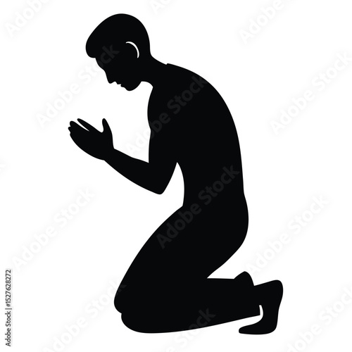 Silhouette of Man Kneeling, Hands Clasped in Prayer, Religious Symbolism Displayed