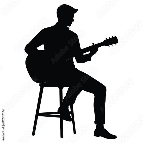 Silhouette of Man Playing Acoustic Guitar Seated on Stool, White Background Illustration
