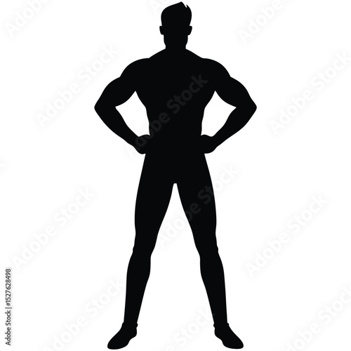 Silhouette of Muscular Man with Hands on Hips on White Background