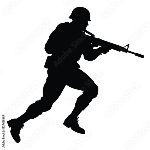 Silhouette of Soldier in Action Running with Rifle on Isolated White Background