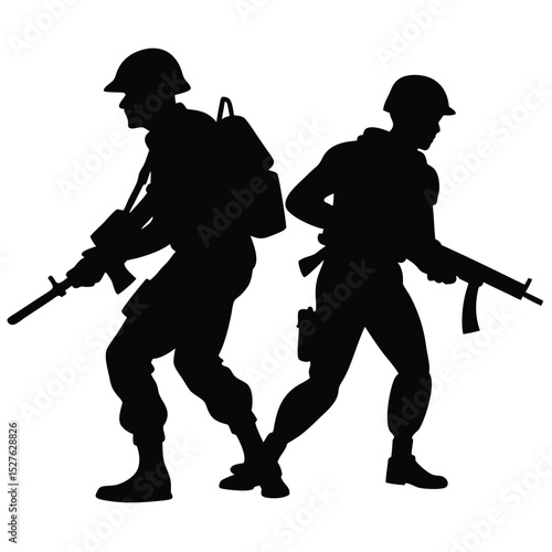 Silhouetted Soldiers with Rifles Military Personnel in Action