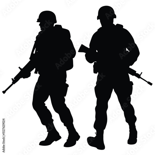 Two Armed Soldier Silhouettes with Rifles in Black Uniforms Ready for Combat
