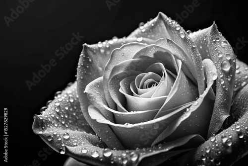 Close-up macro reveals dew-kissed black and white rose petals, a textured nature scene.
