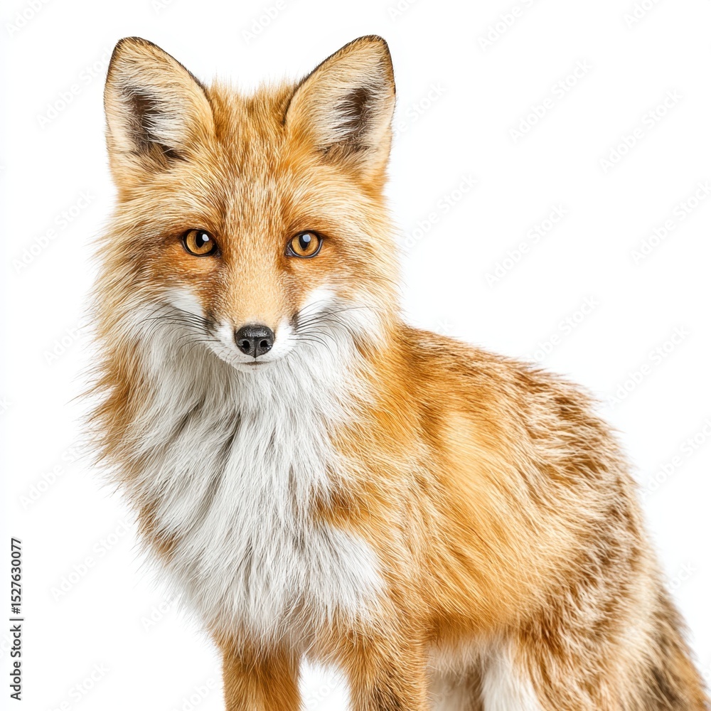 Fototapeta premium A beautiful red fox with alert eyes poses against a plain white background.