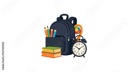 Back to School Items with Backpack, Books and Clock
