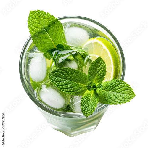 Top-View Refreshing Mojito Cocktail with Ice, Mint, and Lime on White Background