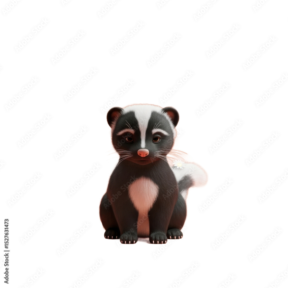Naklejka premium Adorable Cartoon Skunk with Distinctive Black and White Markings and Pink Nose