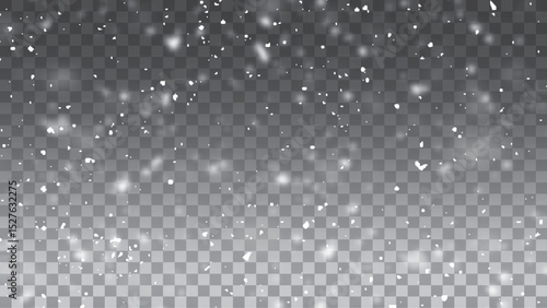 Vector winter flurry with snowflakes swirling. Delicate snow crystals forming a natural winter scene. Transparent snow overlay. 