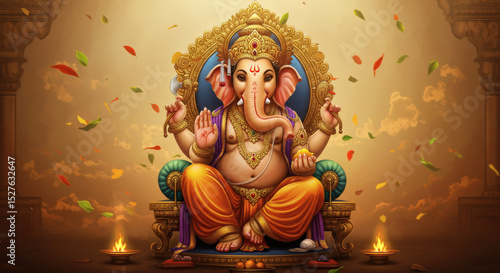 Lord Ganesha Sitting on Golden Throne