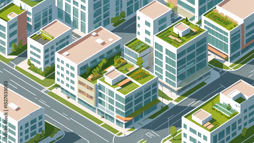 Isometric illustration of modern sustainable buildings with green rooftops and urban cityscape Isometric illustration of modern sustainable buildings with green rooftops and urban cityscape