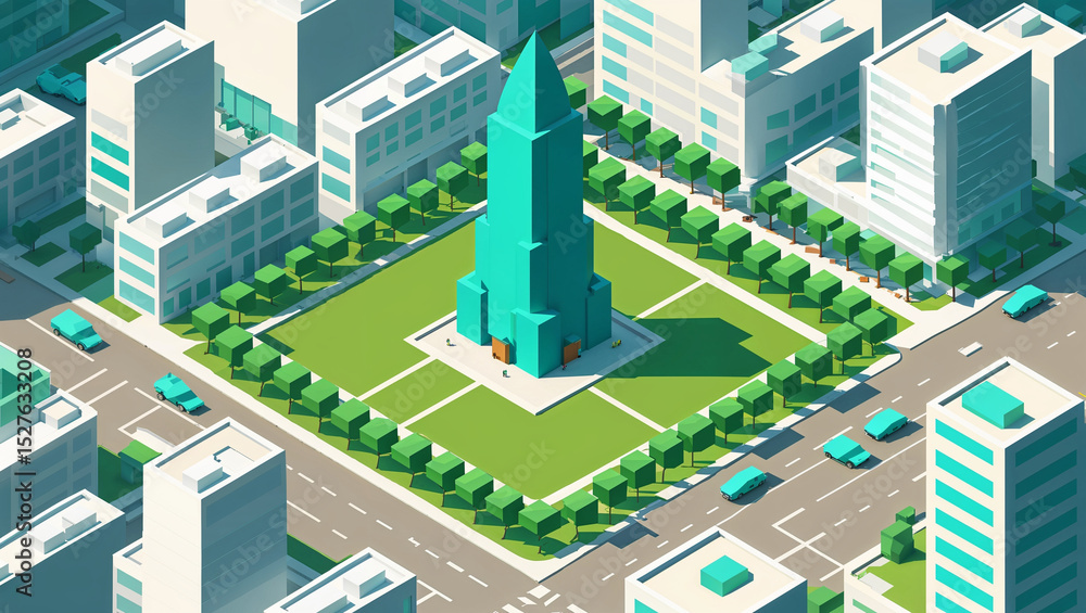 Isometric urban city illustration with tall tower and surrounding green spaces and buildings Isometric urban city illustration with tall tower and surrounding green spaces and buildings
