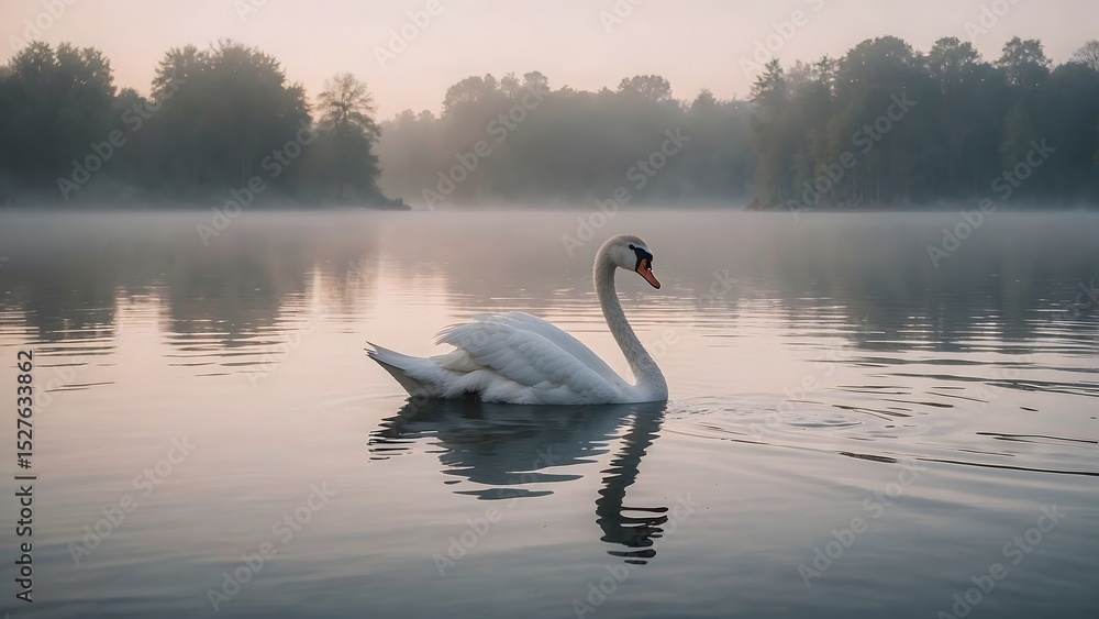 Fototapeta premium Graceful Mute Swan Gliding on a Misty Lake at Dawn.