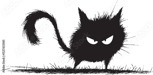 Black cat line drawing showing arched back, bristling fur, glowing eyes signaling feline menace and potential trouble