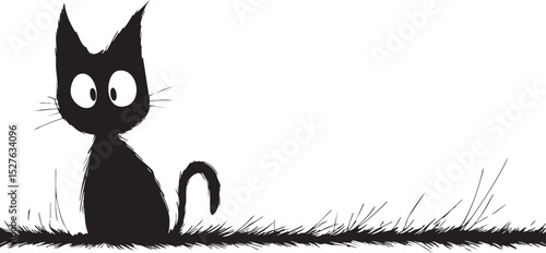 Black cat with wide eyes sitting amid tall grass, minimalist line drawing expressing startled emotion