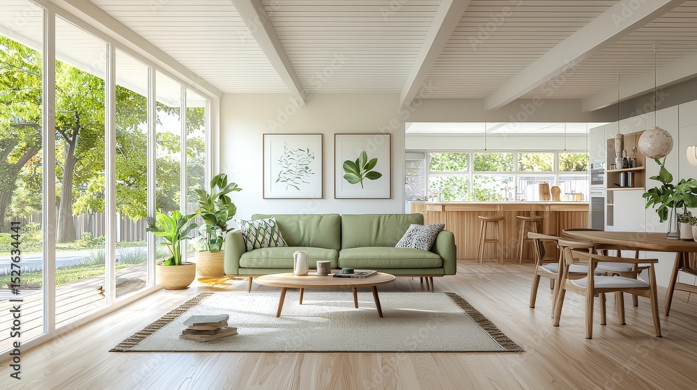 Fototapeta premium Mid-century modern living room with light green couch, white walls and ceiling, wooden floors, natural light, sliding glass doors, dining area, and green plants.