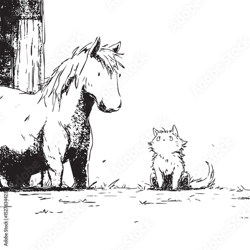 Horse and kitten looking each other near a fence in a cute cartoon illustration representing friendship between animals