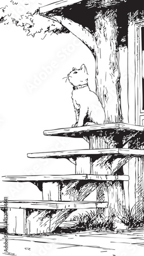 Drawn cat wearing collar perching on wooden porch stairs near tree, gazing upward