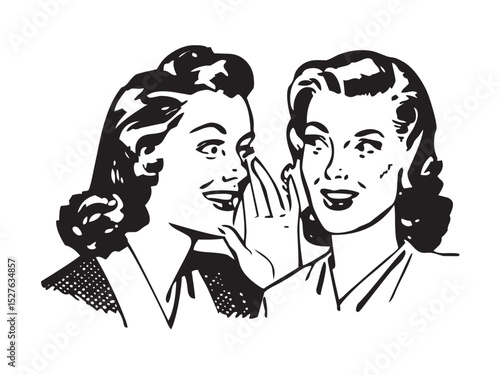 Vector isolated retro vintage american poster person two gossip women colorless black and white contour line easy drawing