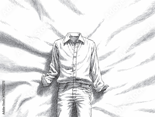 Hand-drawn illustration of a headless businessman wearing shirt and jeans, conveying concepts of anonymity and identity