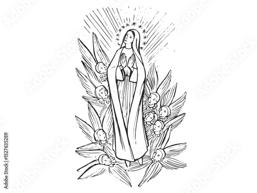 Vector isolated Mary Mother of Jesus with angels full body colorless black and white contour ink art engraving	
