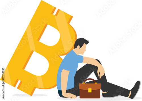 FUD Fear, Uncertainty, Doubt in crypto trading, spreading negative info, concept of The confused investor sits, fear overshadowing the Bitcoin symbol stock illustration

